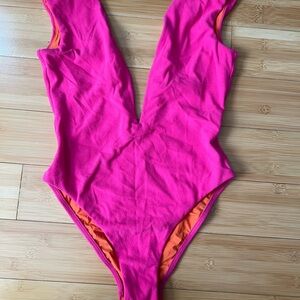 Plunge Pink and Orange One Piece Swimsuit